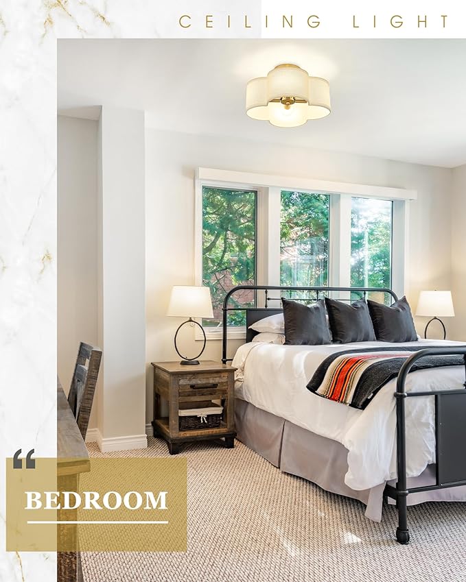 Semi Flush Mount 4-Light 14Inch Ceiling Lights with Fabric Shade in Quatrefoil Shape, Brushed Nickel for Nursery, Hallway, Bedroom, Kitchen - AD-22007-4SF-SN