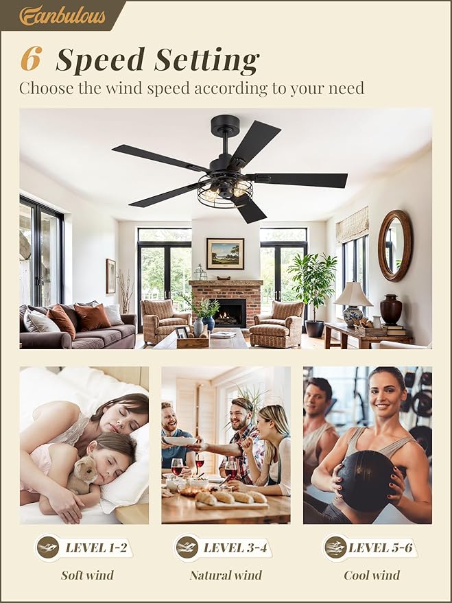 1 Pack Farmhouse 48 Inch Ceiling Fans with Lights, Black Industrial Caged Ceiling Fans for Bedroom Living Room, Double-Sided 5 Blades Rustic Ceiling Fan-Black