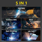 250A MIG Welder,5 in 1 Gas MIG/Gasless Flux Core/Stick/Lift TIG/Spot Welding/Spool Gun Compatible Aluminum Welding Machine Large LED Display 110V/220V Multi Process Welder