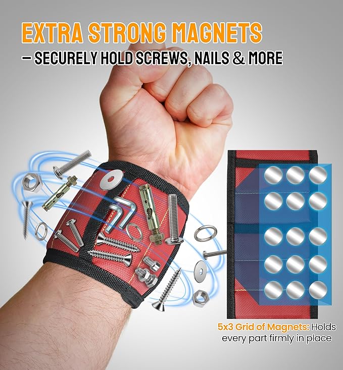 HiRui Magnetic Wristband for Tools – Ultra-Strong 15 Neodymium Magnets Hold Screws, Nails & Bits, Dual Pockets – Hands‑Free for DIY, Home Repairs, Auto – Gift‑Ready for Dad, Husband, Grandpa (Red)