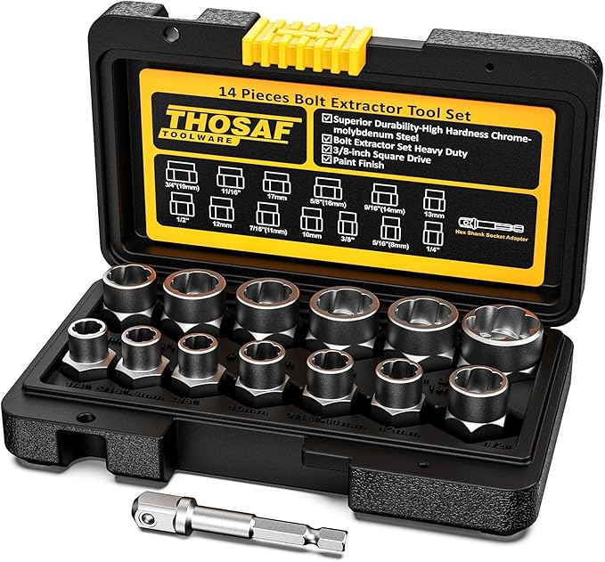 Impact Bolt & Nut Remover Set,14 Pieces Bolt Extractor Tool Set, 3/8" Drive Impact Bolt & Nut Remover Socket Tool Kit, Stripped For Damaged, Frozen, Studs, Rusted, Nuts & Screws, Tools Gifts for Men