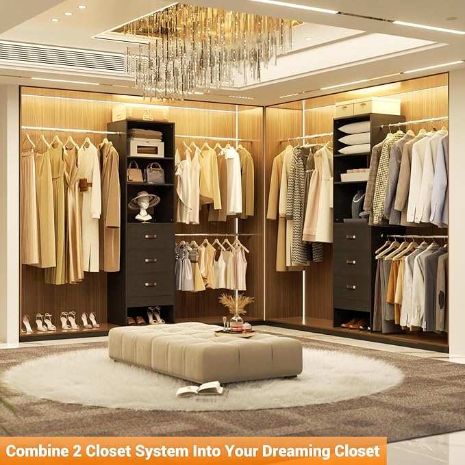 Homieasy 96 Inches Closet Organizer System, 8FT Customizable Walk In Closet Organizer with Hanging Rods, 3 Drawers Garment Rack with Leather Handle , 96" L x 16" W x 75" H, Max Load 1000 LBS, Black