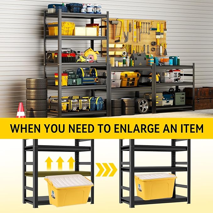 Garage Shelving Units, Heavy Duty 5-Tier Storage Shelves, Metal Adjustable Storage Rack, Steel Shelves, 2750 lbs Capacity, Industrial Shelving for Heavy Tools (Black, 15.74"Dx35.43"Wx71.18"H, 5-tier)