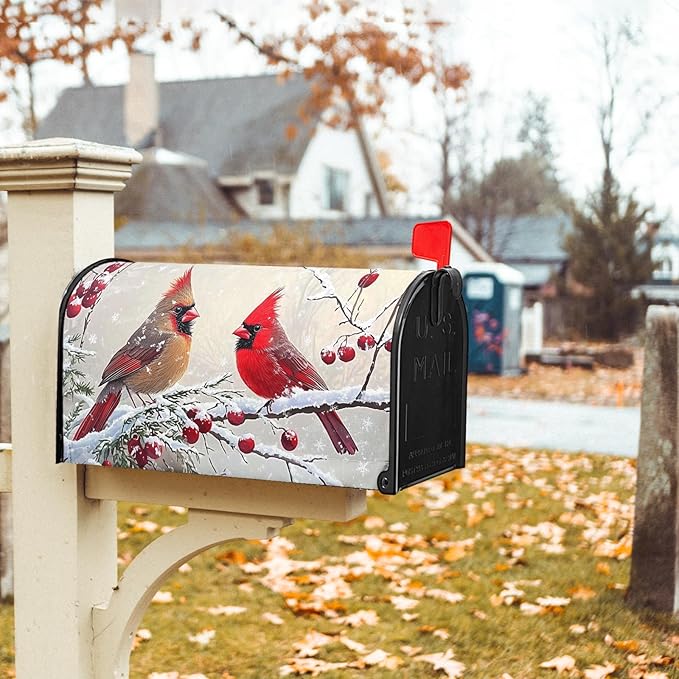 Kawani Winter Mailbox Cover Christmas Birds Holly Berry Branches Snow Mailbox Covers Magnetic Standard Size 25.5x21 Inch Winter Xmas Holiday Post Letter Box Cover for Garden Yard Decor