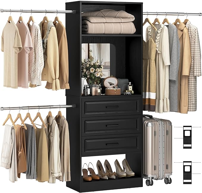 Unikito 8FT Closet System with Mirror, 96 Inch Walk in Closet Organizer Kit with Drawers and 3 Extendable Hanging Rods, Sturdy Wood Clothing Garment Rack with 25” Tower, Max Load 1000 LBS, Black