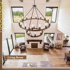 2 Tier Wooden Wagon Wheel Chandelier 43.3'' Farmhouse 24 Lights(16+8) Black Rustic Light Fixture 2-Story Round Wood Chandelier for High Ceiling Living Dining Room Foyer Villa