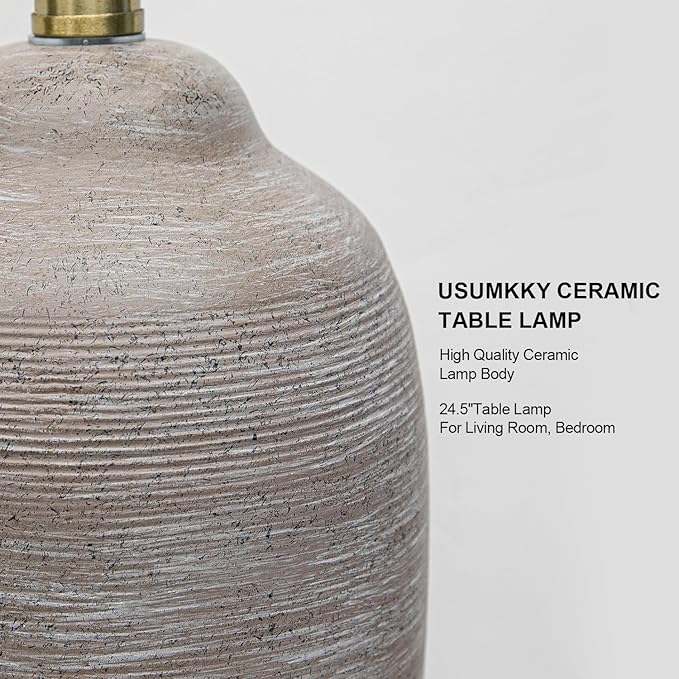 24.5" Handcrafted Ceramic Table Lamp - Single Farmhouse Vintage Rustic Bedside Lighting for Living Room, Bedroom, Entryway | Nightstand & End Table Decor with Linen Shade (Bulb Not Included)