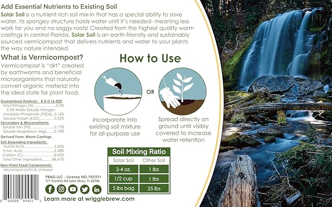 Solar Soil Vermicompost Soil Amendment from Earthworm Castings. All Purpose Plant Food and Dirt Enhancer for Gardens, Vegetables, Fruits, Houseplants. 5lb Bag. Mix with Potting Soil.