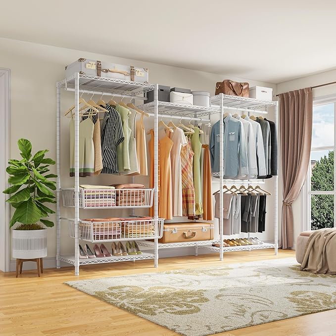 VIPEK V10 Wire Garment Rack 5-Tiers Heavy Duty Clothes Rack Large Size Clothing Rack with 4 Hanging Rods, 6 Wire Shelves and 2 Slid Baskets, 68.9" W x 15.7" D x 76.4" H, Max Load 920 LBS, White