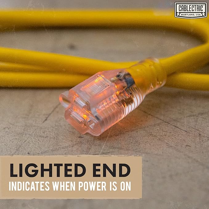 10 Ft Outdoor Extension Cord - 12/3 SJTW Heavy Duty Yellow 12 Gauge Lighted Electrical Cable with 3 Prong Grounded Plug