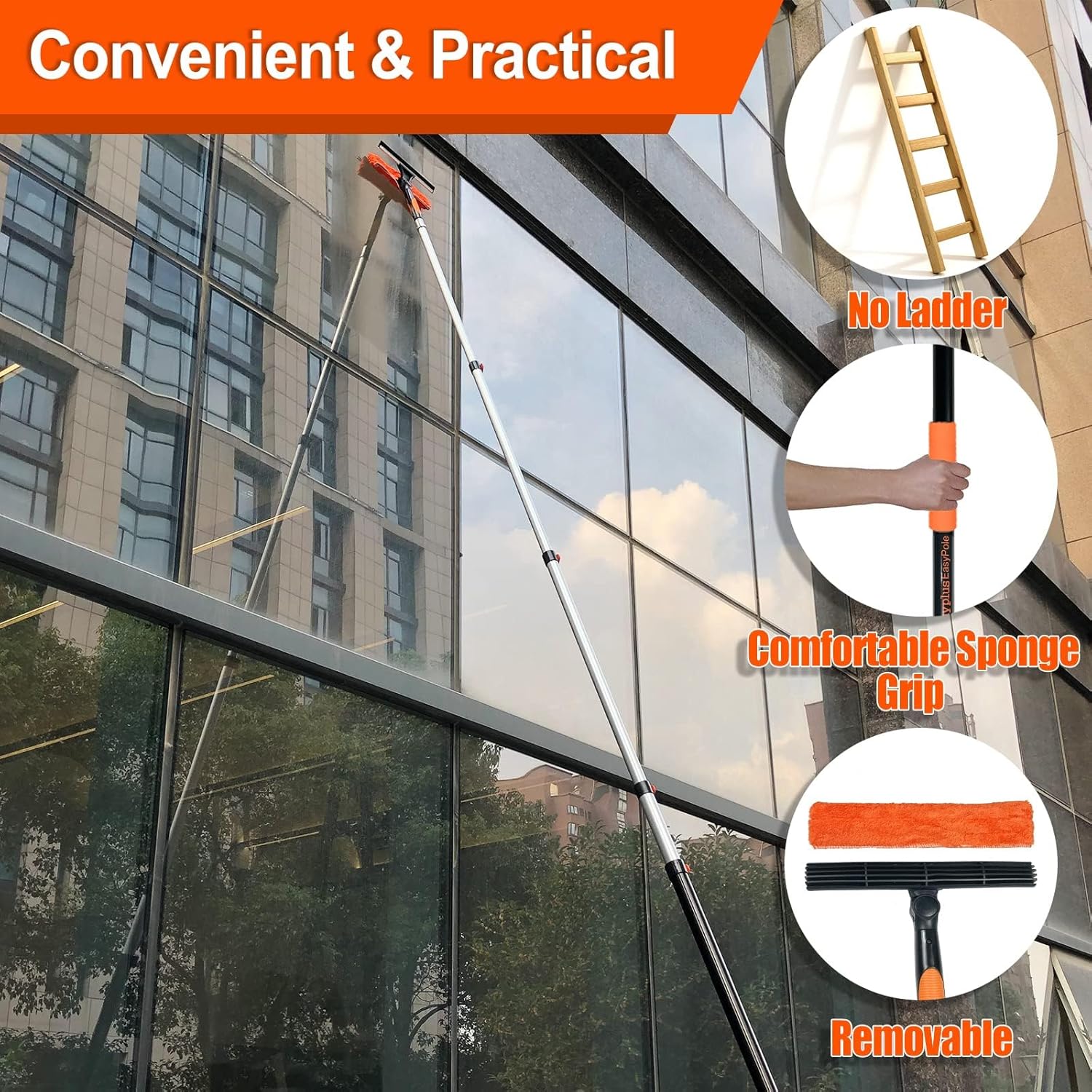 Buyplus 26Ft High Reach Squeegee for Window Cleaning Kit with 5 to 20 Foot Extension Pole, Extendable Window Cleaner Squeegee, Telescopic Window Washing Kit for Indoor/Outdoor High Window