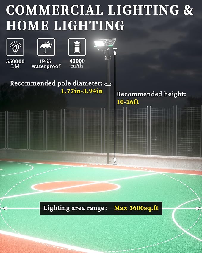 Gefolly SL-8800W Solar Street Lights Outdoor, 550000LM Commercial Parking Lot Light Dusk to Dawn IP67 Waterproof 6500K Security Flood Lights Lamp for Yard, Road, Basketball Courts