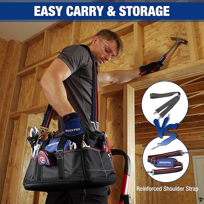 WORKPRO 16-inch Wide Mouth Tool Bag, Heavy Duty Cloth Tool Storage Bag with Water Proof Molded Base, Adjustable Shoulder Strap