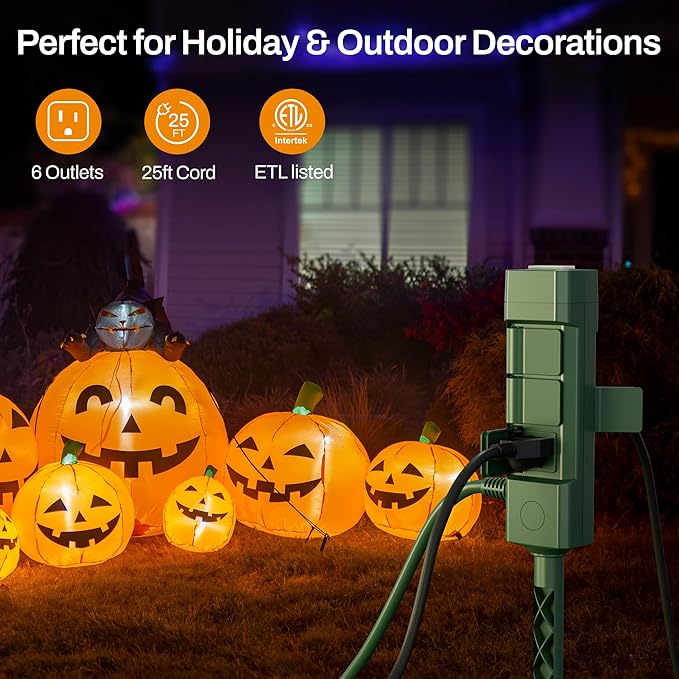 BN-LINK 25ft Outdoor Extension Cord Waterproof with Power Stake, 6-Outlet Power Strip Weatherproof, 14/3 SJTW Heavy Duty Power Cord for Halloween/Christmas Decorations and Inflatables, 15A/1875W