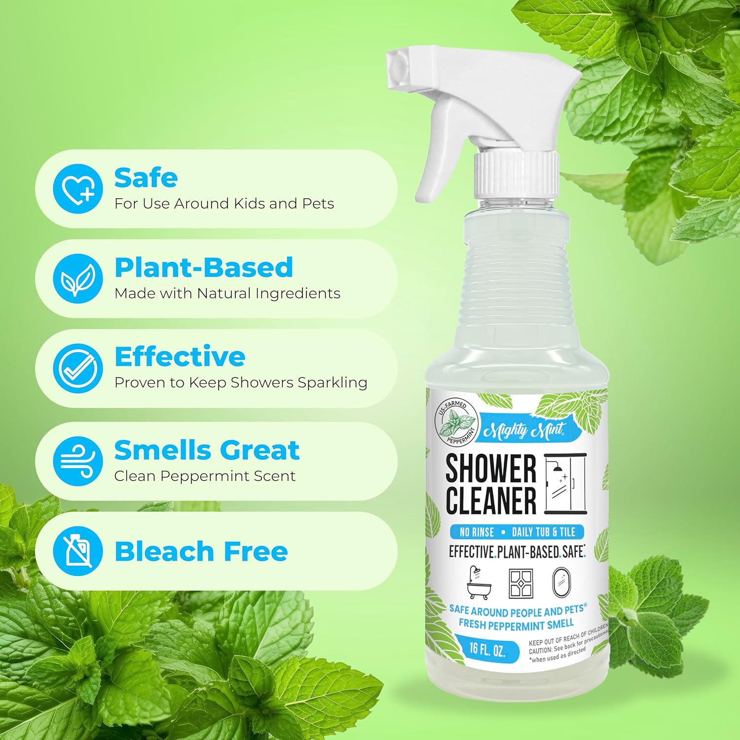 Mighty Mint Shower Cleaner, No-Rinse, No-Scrub, Daily Spray for Glass, Tile, Grout, Fresh Peppermint Scent, 16oz (Pack of 2)