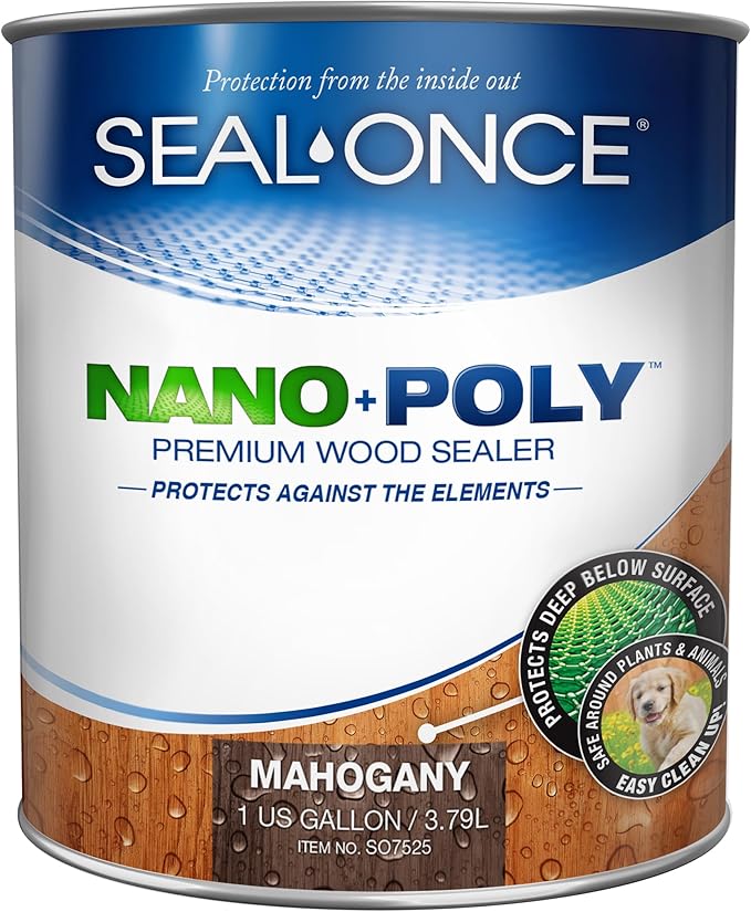 Seal-Once Nano+Poly Penetrating Wood Sealer with Polyurethane - Premium Waterproof Sealant -1 Gallon & Mahogany