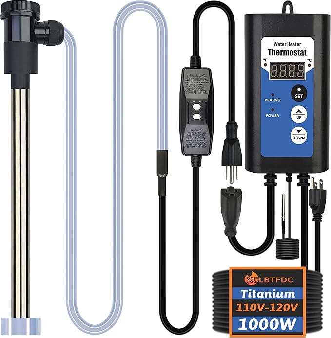 1000W Titanium Immersion Water Heater Portable Electric Hot Tub & Bucket Fully Submersible Water Heater with Thermostat, GFCI for Inflatable Pool, Above Ground Pool, Baptistry, and spa tub