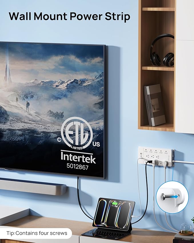 TROND 360° Rotating Flat Plug, Surge Protector Power Strip, 13AC Widely Spaced Outlets Expansion with 3 USB C Ports, 4000J, 15ft Extension Cord Heavy Duty, Wall Mount, Under Desk, ETL Listed, White