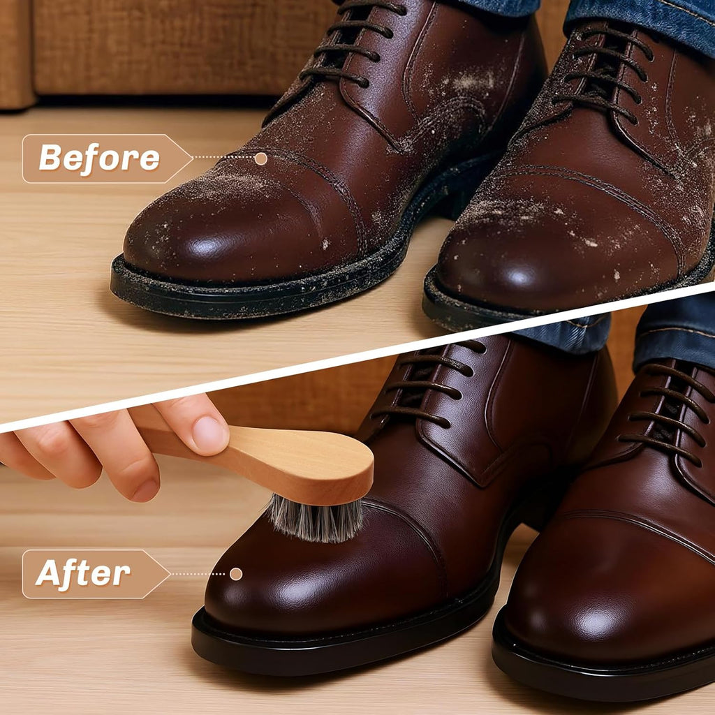 4 Pcs Horsehair Shine Shoes Brush Kit Polish Dauber Applicators Cleaning Leather Shoes Boots Care Brushes Suede Cleaner Brush with Microfiber Shoe Cloth(Wooden Handle B)
