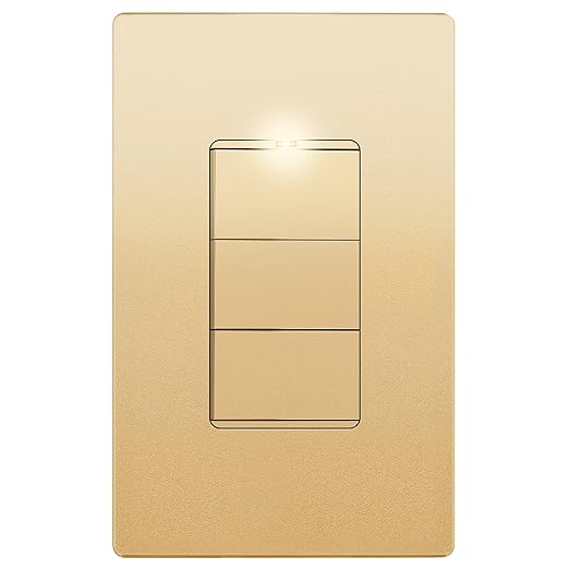 LIDER Minimalist Design Matte Finish Lighted Triple Switch With Screwless Wall Plate, Combination Frameless Decorator Switch with Locator Light, Ground Terminal, Single Pole, 15A 120V, UL Listed, Gold