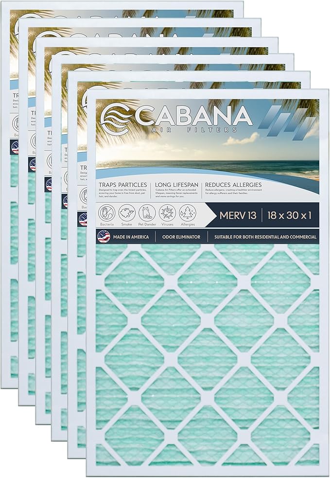 Cabana Filters 6-Pack 18x30x1 MERV 13 AC Furnace Air Filter for Home and Office - Indoor HVAC System Filtration Replacement, Captures Unwanted Particles