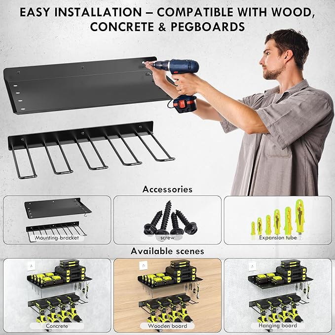 KSVO Wall Mount Power Tool Organizer, Metal Drill Holder for Garage, Workshop, and Shed, Heavy Duty Tool Storage Rack for Handheld & Cordless Tools (Black)