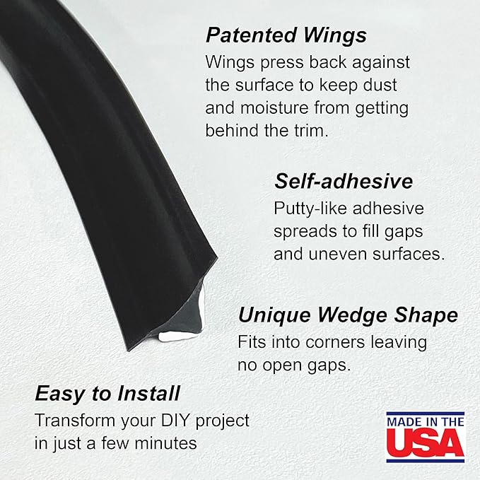 InstaTrim The Original Flexible Trim - 50ft Black 3/4" Wide Caulk Tape - Adhesive Trim with Many Uses Including Caulking for Bathtubs, Sinks, Counters, Tile, Floors - Made in USA