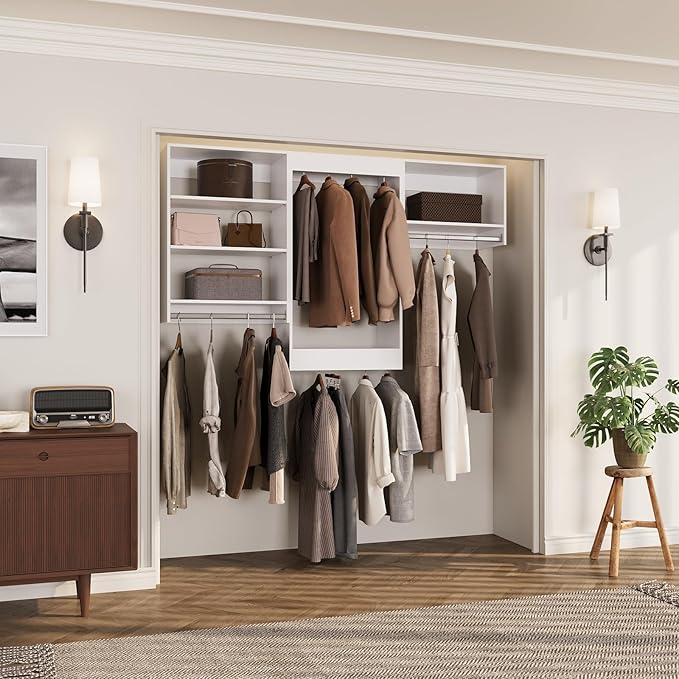 ROOMTEC Modular Closet System, 78" Closet Organizer with Hanging Rods, Wall-Mounted Wooden Tower for Walk-In Closets, Wardrobe Storage Kit, White