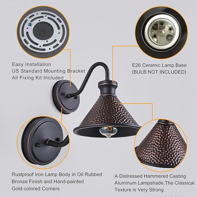 Gooseneck Outdoor Wall Sconce 1-Light E26 Socket Farmhouse Wall Mount Porch & Patio Lights,9.3Inch Width Casting Aluminum Shade,Oil Rubbed Bronze,Easily Installed in Outdoor and Indoor.