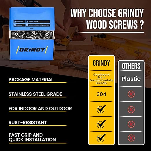 #8 x 1 5/8’’ Stainless Steel Wood Screws by Grindy (200pack/1.1LBS) – Self-Drilling Deck Screws I Rust Resistant I Quick Drive & Fast Grip I for Cabinet, Furniture & Other Projects I Bit Included