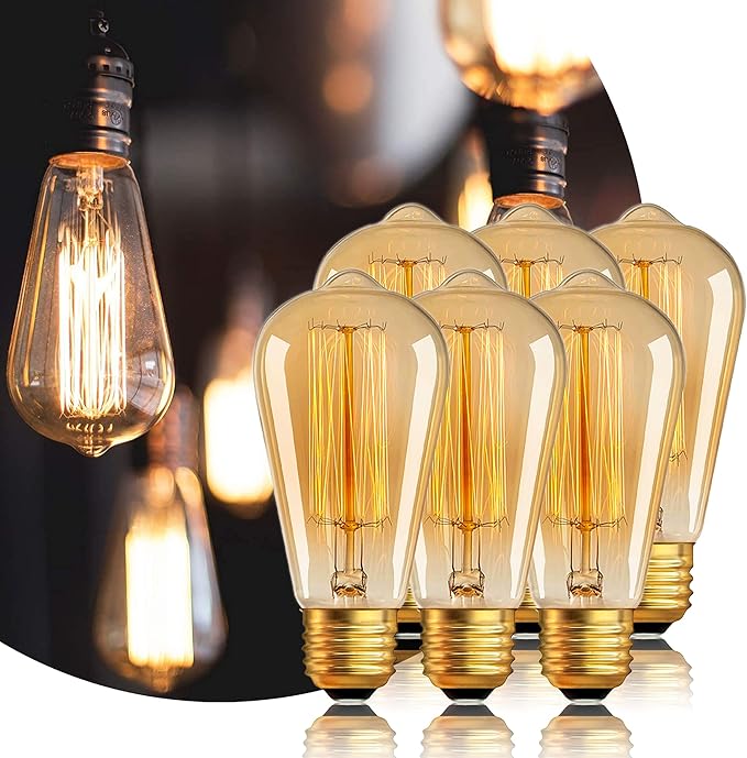 ST64 Edison Bulbs 6 Pack,Amber Vintage Incandescent Light Bulbs 110V 40W 240LM,E26 Base 2200K Dimmable Decorative Antique Squirrel Cage Filament Incandescent Bulb for Chandelier Pendant Lamps