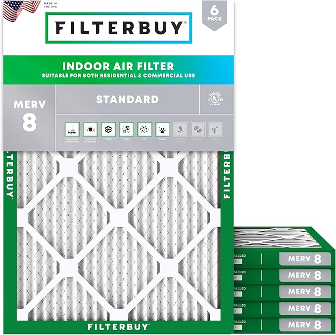 Filterbuy 10x14x1 Air Filter MERV 8 (MPR 700) Dust Defense Replacement (6-Pack), Electrostatic Pleated HVAC AC Furnace Filters, Made in USA (Actual Size: 9.50 x 13.50 x 0.75)