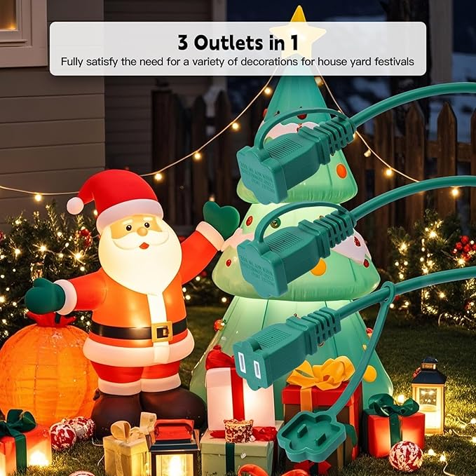 25Ft 3 Outlets Green Outdoor Extension Cords for Halloween Christmas Inflatables Blow Ups Yard Waterproof Outside with Multiple Outlets Extension Cord Power Splitter for Christmas Lights Decorations