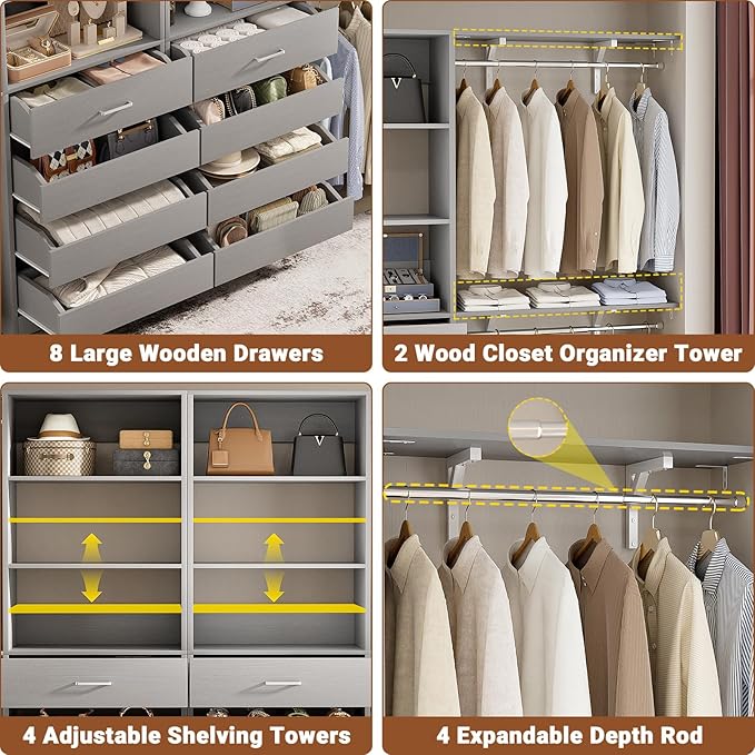 Aheaplus Closet System with 8 Wooden Drawers, Wood Closet Organizer System with Tower, Walk-in Closet Organizer Wardrobe Clothes Rack with 4 Hanging Rods, Garment Rack, Cut to Fit 7-12Ft, Grey