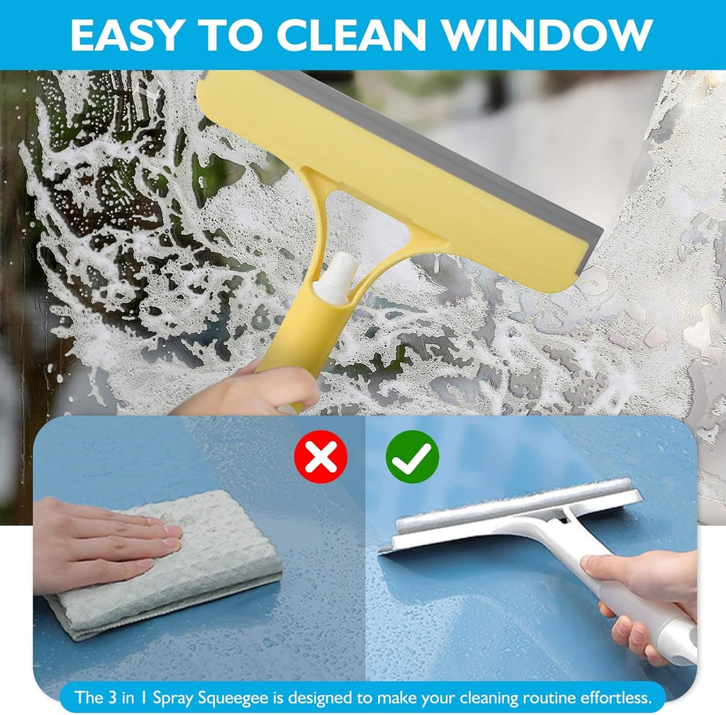 3 in 1 Spray Window Squeegee Cleaner Scraper, WindowSqueegee with Brush and Built-in Spray BottleAll-Purpose Shower Glass, Mirrors, Car, Home Window Cleaner Tool (Blue)