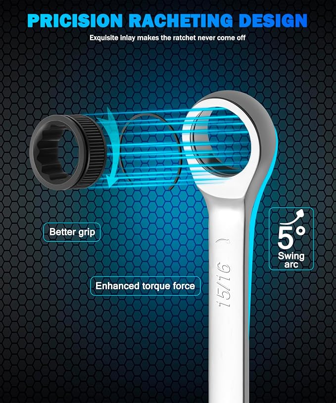 DISEN 15/16 Inch Ratchet Wrench，15/16" Wrench with 72-Tooth Chrome Vanadium Steel，24mm Standard Box End and Open End Ratcheting Wrench for Home Improvement