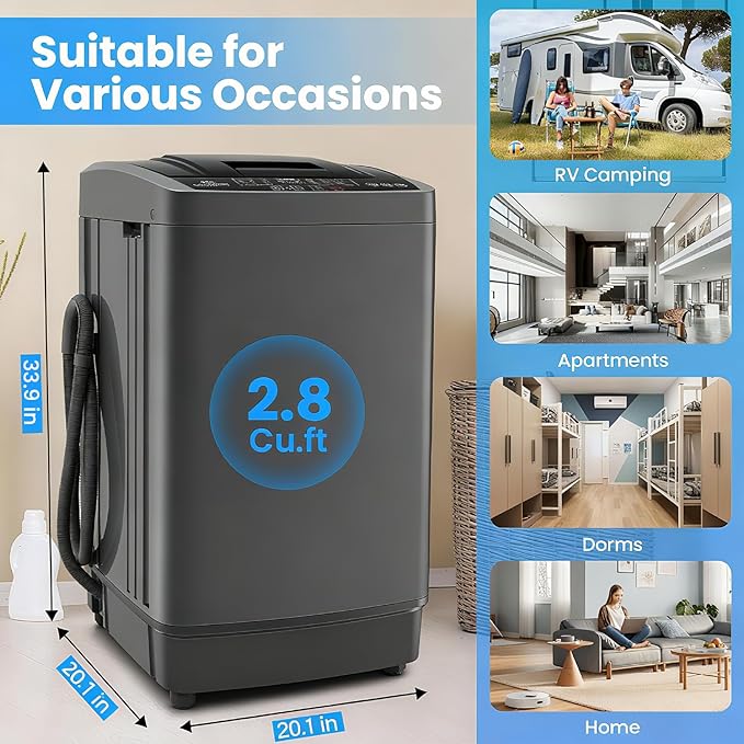 Nictemaw 2.8 Cu.ft Portable Washer, 20 lbs Capacity Full Automatic Washing Machine with Drain Pump, 10 Wash Programs & LED Display, Compact Clothes Washer for Apartments, RV, Dorm, Home