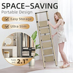 GameGem Step Ladder 6 Step Folding, Aluminum Ladders for High Ceilings, Tall Closet, Cabinet, 6 ft Lightweight Step Ladder with Anti-Slip Foot for Home Use, 330Lbs Load, Champange Gold