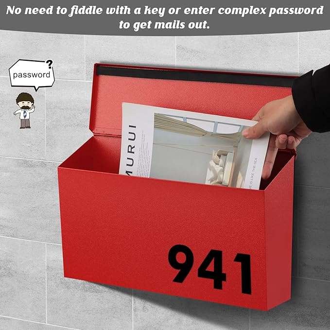 KYODOLED Wall-Mount Mailbox, Large Capacity Mail Box, Galvanized Steel Rust-Proof Metal Post Box, Mailboxes for Outside,15.7"x9.9"x4.9" Red