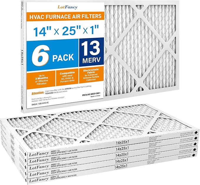 LotFancy 14x25x1 Air Filter MERV 13 Pet Smoke Smog Allergens Defense (6-Pack) Pleated HVAC Furnace Air Filters, Replacement for Home AC & Heating Systems, Actual Size: 13.75" x 24.75" x 0.75"