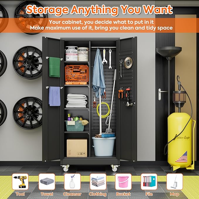 Garage Storage Cabinet with Wheels and 5 Pegboard, Metal Storage Cabinets with 2 Doors and 4 Shelves, Broom Closet Storage Cabinet with Hanging Rod and 13 Hooks, 70.87" Hx33.5 Wx17.7 D, Black