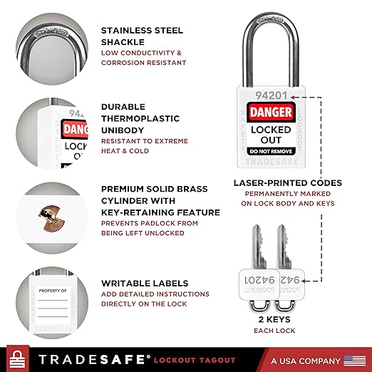 TRADESAFE Lockout Tagout Locks Set - 10 White Loto Locks, Keyed Different Lock Out Tag Out Padlocks, 2 Keys Per Lock, OSHA Compliant Lockout Locks