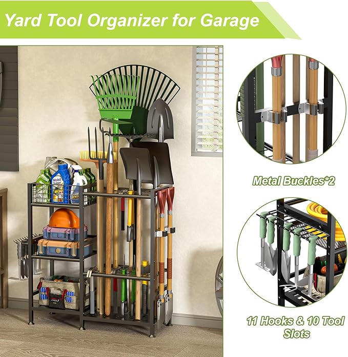 keomaisyto Garden Tool Organizer With Basket - 3 Tier Yard Storage Rack for Garage Organization, Heavy Duty Holder With 35 Long-Handled Slots for Shed, Yard, Garage