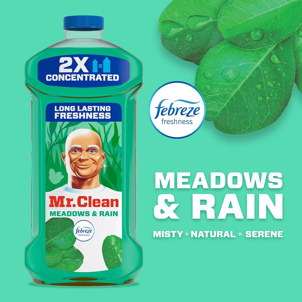 Mr. Clean All Purpose Cleaner, Floor Cleaner for Mopping Home, Bathroom, & Kitchen, Cleaning Liquid for Mop & Bucket, Cleaning Supplies, Multi-Surface Dilutable, Meadows & Rain, 41oz (Pack of 4)