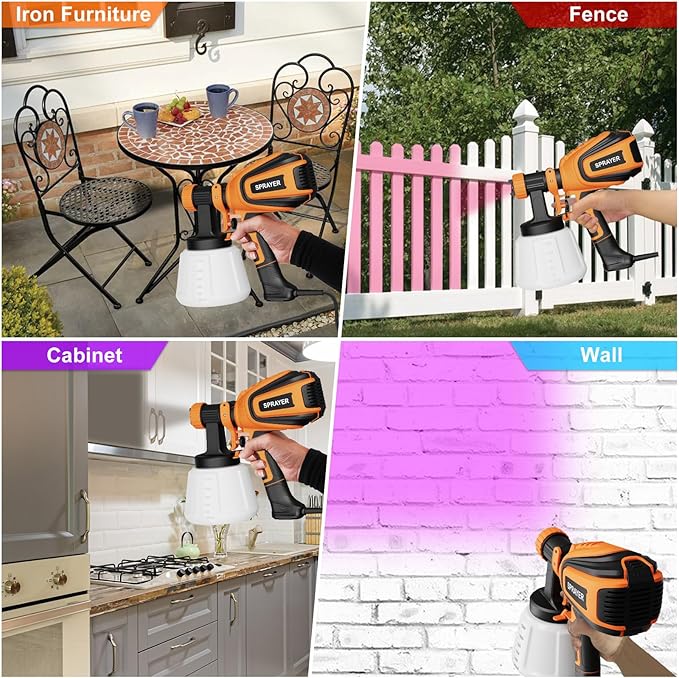 Paint Sprayer, 700W HVLP Spray Gun with Cleaning & Blowing Joints, 4 Nozzles and 3 Patterns, Easy to Clean, for Furniture, Cabinets, Fence, Walls, Door, Garden Chairs etc. VF803 Orange