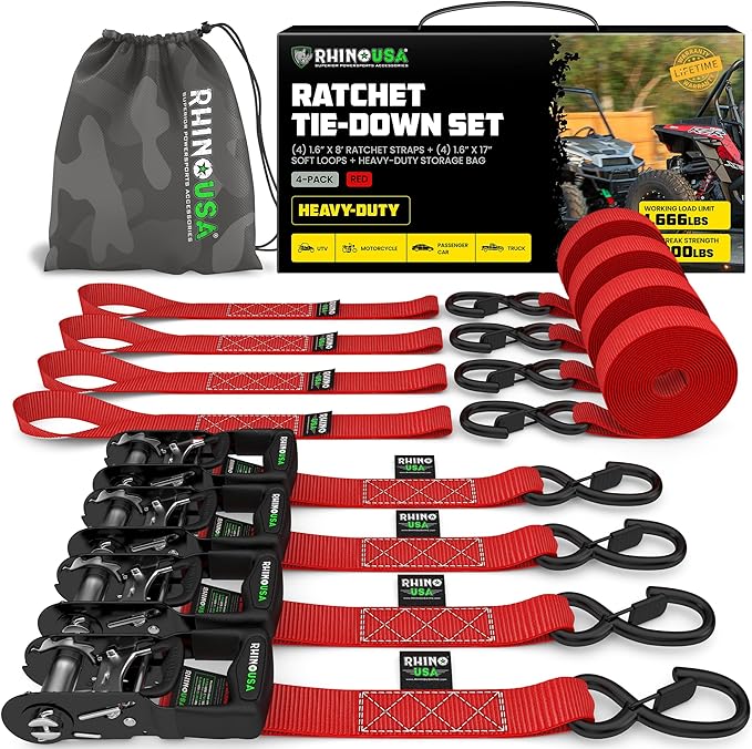 Rhino USA Ratchet Straps Heavy Duty Kit (4-Pack) - 1.6 Inch x 8 Feet (5,208lb Break Strength) - Ultimate Tie Down Straps with Safety S Hooks for Trucks, ATV, UTV, Motorcycle, Cargo & More - Red