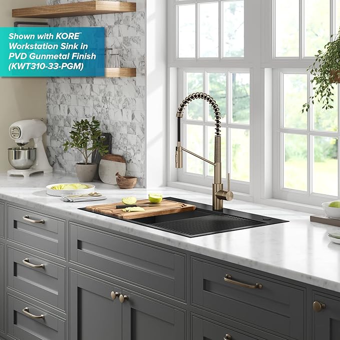 KRAUS Oletto Touchless Sensor Commercial Pull-Down Single Handle Kitchen Faucet with QuickDock Top Mount Assembly in Spot Free Antique Champagne Bronze, KSF-2631SFACB