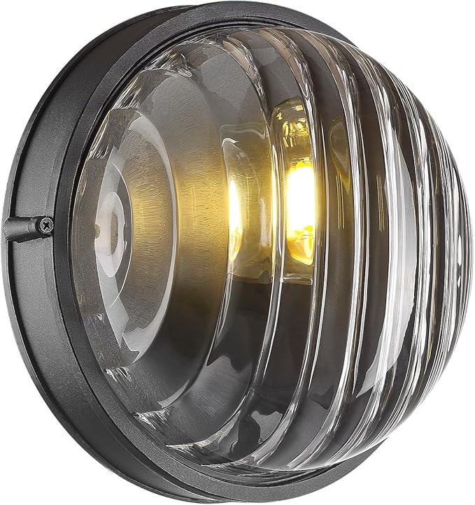 FEMILA 10" Round Bulkhead Outdoor Wall Light, Nautical Outdoor Lighting, Black Outdoor Light Fixture for Front Door/Porch/Patio, Aluminum Glass,UL Listed, 4FYX105FL BK SW