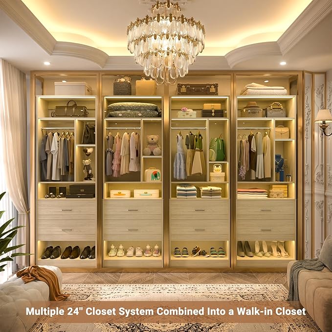 Freestanding 24" Closet System with 2 Wood Drawers, 2FT Small Closet Organizer System with 6 Shelves & Hanging Rod, Walk-in Closet Systems for Small Closets, White Oak (24"L x 15"W x 80"H)