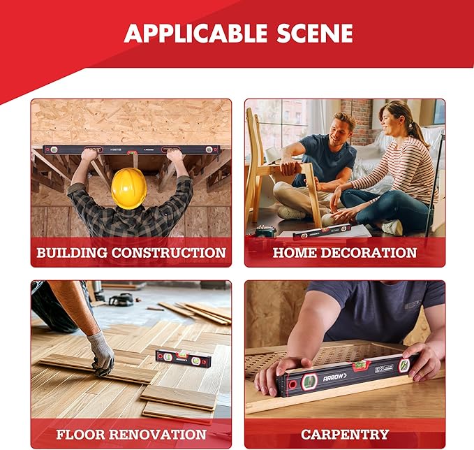 ARROW 3-Piece Spirit Level Set Included 9"/16"/48" Level with 45°/90°/180° Bubbles, Carrying Bag, Aluminum Alloy Body, Precision-Machined Base & Shockproof Rubber End Caps for Construction, Carpentry